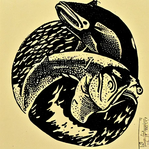 Prompt: linoprint of a salmon breaking ice ex libris