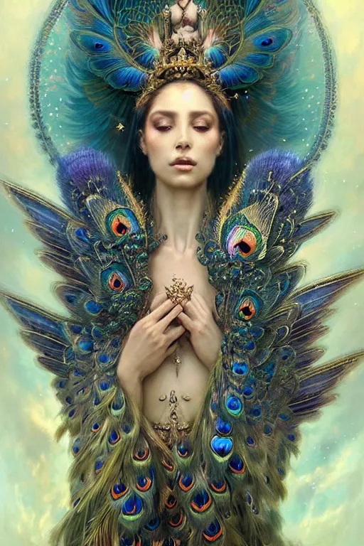 Prompt: a beautiful ultradetailed portrait figure of an empress of celestial beauty! with large wings of protecton, flowers and butterflies, ornate crown made of peacock feathers by greg rutkowski, karol bak and peter mohrbacher, volumetric lighting, magical realism, celestial, goddess, empress.