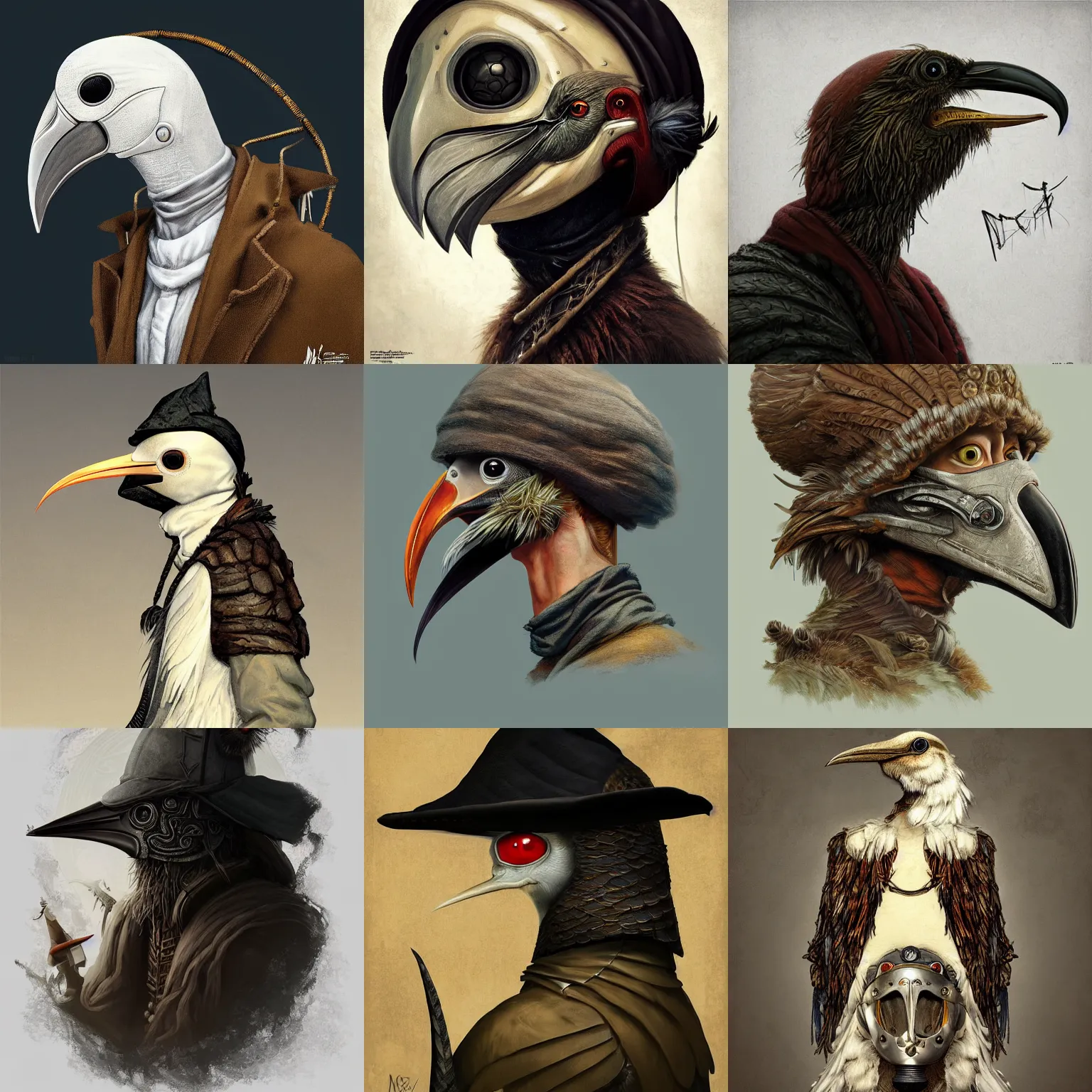 Prompt: rpg! profile! portrait of humanoid bird on white background, beak, feathers, surreal clothes, d & d, plague doctor, intricate, highly detailed, digital painting, artstation, concept art, smooth, sharp focus, illustration, art by norman rockwell emiliano ponzi andrey remnev yoann lossel aaron jasinski, 8 k