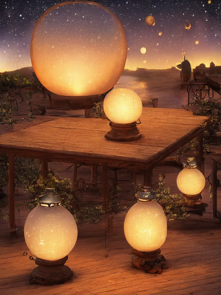 Prompt: Photorealistic Magical Realism lanterns with galaxies of stars inside on a wooden table at sunset, highly detailed