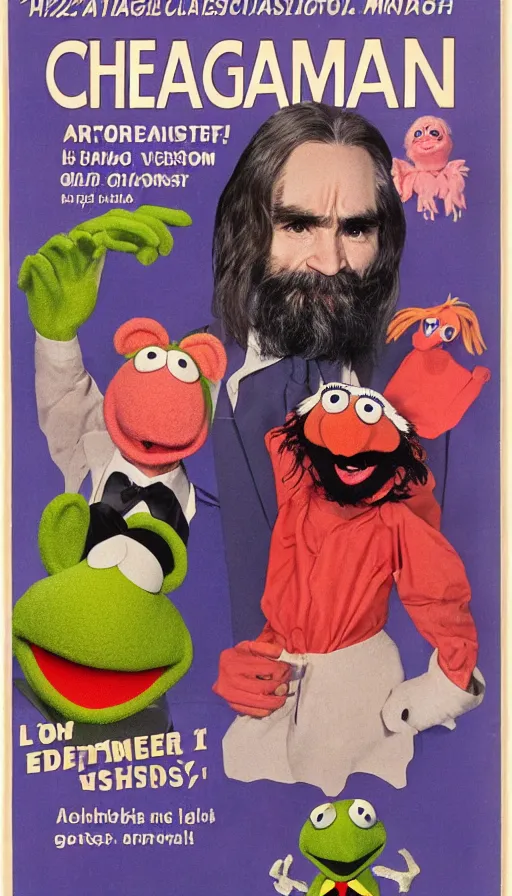 Image similar to vintage magazine advertisement depicting charles manson hosting the muppet show