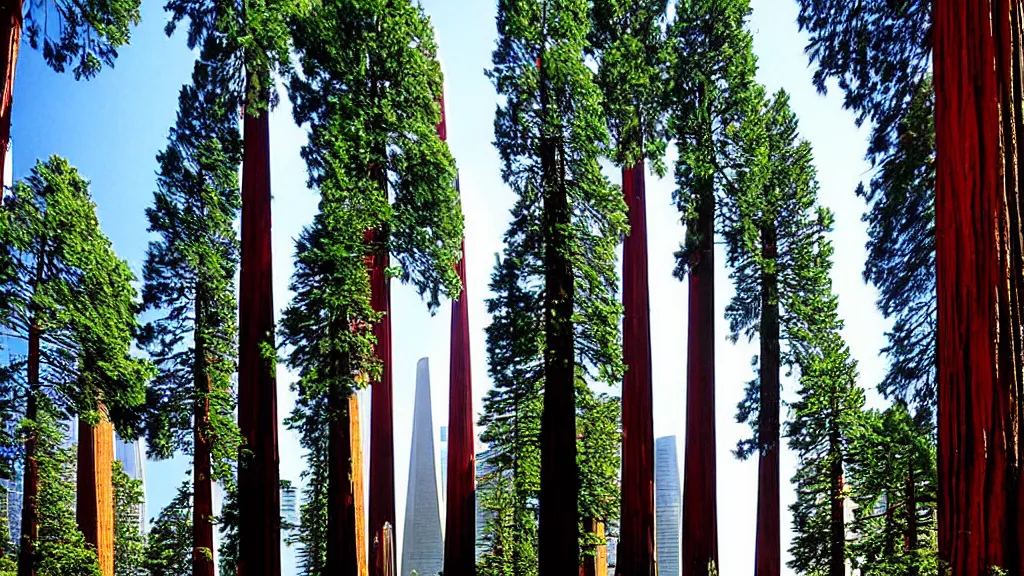 Image similar to Futuristic City in Harmony with Nature(Redwood Trees) by bruce mccall and Klaus Bürgle; Location: San Francisco, California;