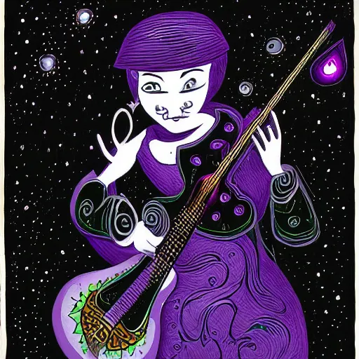 Image similar to black white purple painting on black paper, folkloric illustration , the guitar player , tarot by Andreas Rocha