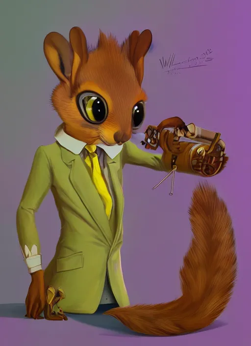 Prompt: squirrel anthro as a dapper bartender with a big, fluffy tail, retro futurism, art deco, detailed painterly digital art style by WLOP and Cory Loftis, 🐿🍸🍋, furaffinity, trending on artstation