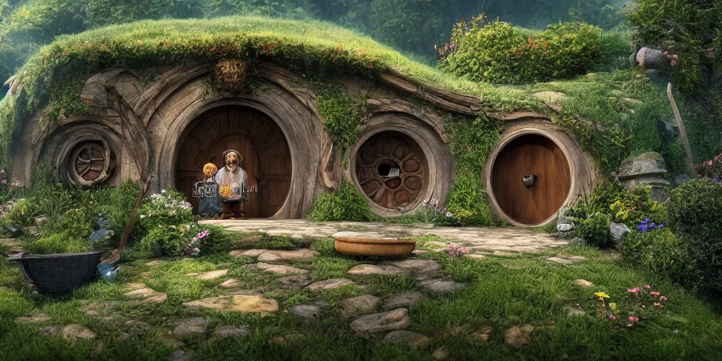 Prompt: a hobbit in his home at the shire, fantasy hi quality 4 k render,