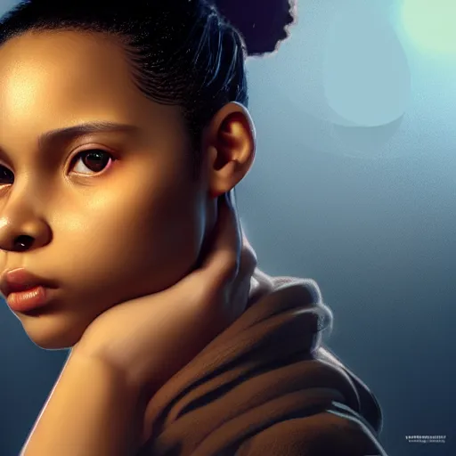 Image similar to a photorealistic hyperrealistic, bright brown eyes, light skinned african young girl, ponytail hair, flawless face, asian eyes, cute face, black turtle neck shirt, by wlop, artgerm, greg rutwoski, alphonse mucha, beautiful dynamic dramatic low - light moody lighting, cinematic atmosphere, artstation, concept design art, octane render, 8 k