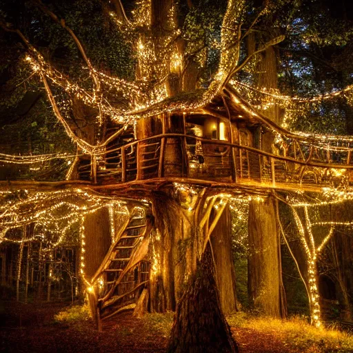 Image similar to a professional photograph of a treehouse in a forest covered in fairy lights, HD, high quality, highly detailed, award-winning