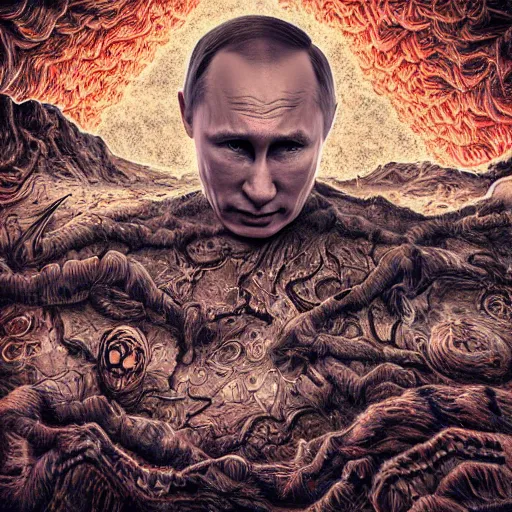 Image similar to putin bombing war horror scariest nightmare by junji ito, digital art, deepdream cosmic, 3 d high definition, trending on artstation, photorealistic, high resolution, 8 k, octane, hyper detailed, trending on deviantart insane details, intricate, elite, ornate, elegant trend, highly detailed and intricate, sharp focus, photography, unreal engine