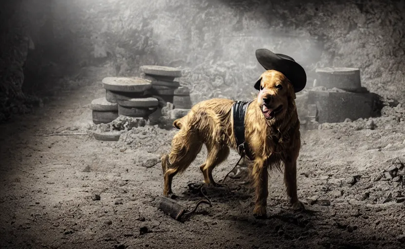 Image similar to a dirty golden retriever in a dark gray stone mine with large piles of gold nuggets and wearing a black western hat and jacket, dim moody lighting, wooden supports and wall torches, cinematic style photograph