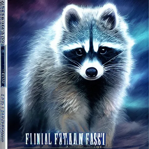 Image similar to final fantasy box art depicting an ethereal blue raccoon