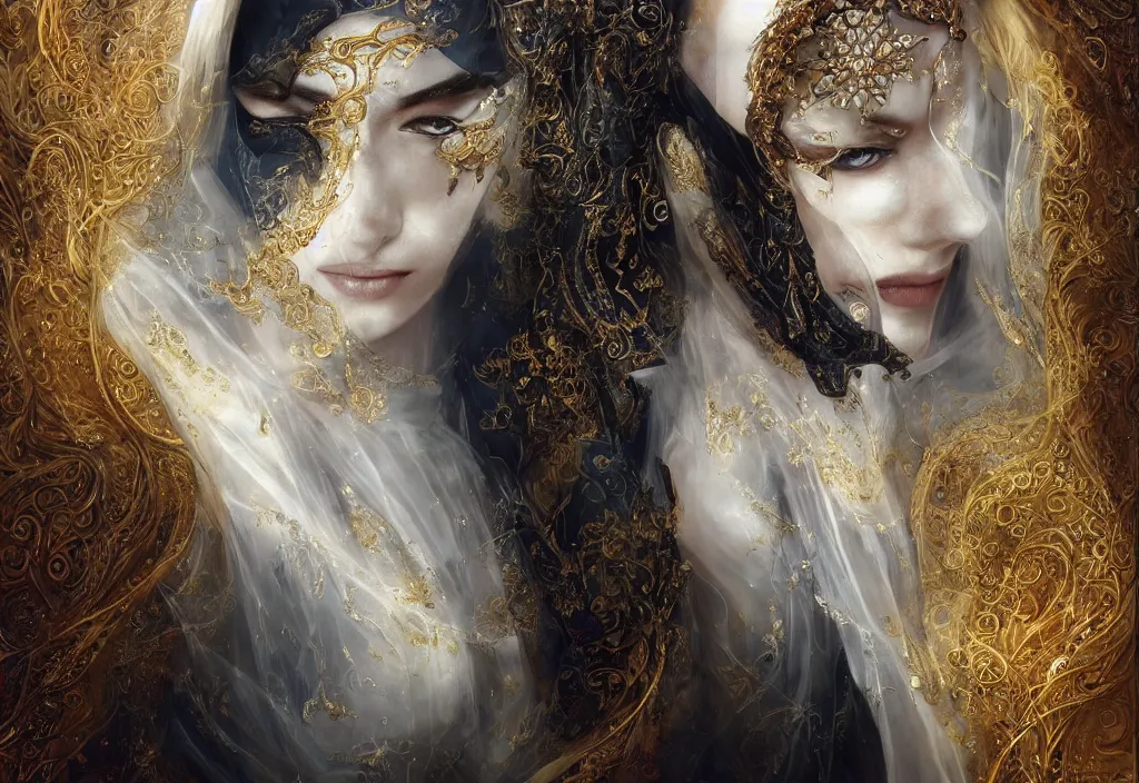 Image similar to a beautiful woman wearing a white niqab made of silk with golden jewelry and diamonds by alex gray and android jones, karol bak, ayami kojima, arabian, concept art, fantasy