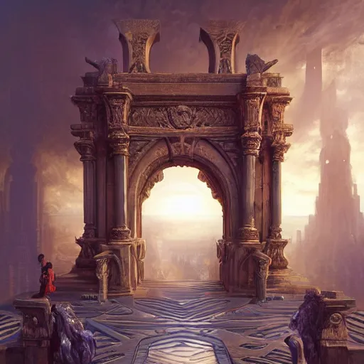 Image similar to carved futuristic gateway at the end of ancient ornate steps with a large wide window to a city which details the vast architectural scientific and cultural achievements of ancient humankind, complex composition, molecules and machines, renato muccillo, andreas rocha, jorge jacinto, damian kryzwonos, ede laszlo, artstation, digital art, cinematic blue and gold