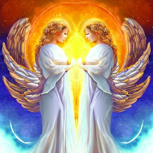 Image similar to Two celestial Angels ,warm colours celestial, divine,detailed, Digital art