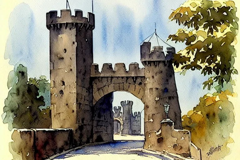 Prompt: 1950s castle gate with drawbridge muted colors. watercolor Jean-Baptiste Monge