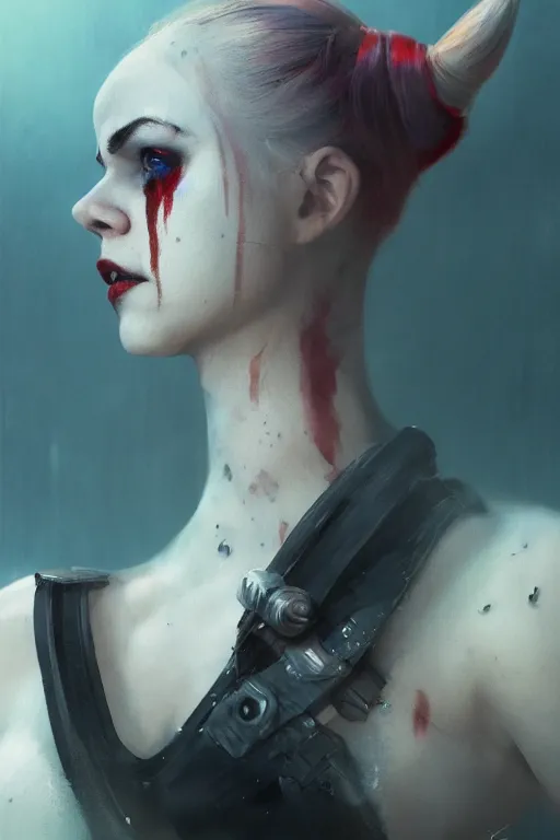 Prompt: a portrait of Harley Quinn by Greg Rutkowski, Sung Choi, Mitchell Mohrhauser, Maciej Kuciara, Johnson Ting, Maxim Verehin, Peter Konig, final fantasy , mythical, 8k photorealistic, cinematic lighting, HD, high details, atmospheric,