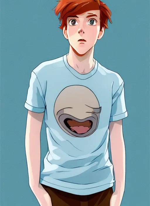 Image similar to portrait of a teen boy with completely straight auburn hair, light blue eyes, pale skin, freckles, sad expression, t - shirt, modern casual clothing, natural lighting, path traced, highly detailed, high quality, cartoon, digital painting, by don bluth and ross tran and studio ghibli