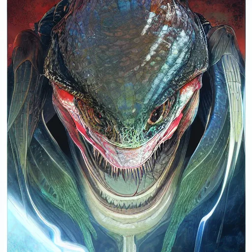 Image similar to a simple concept art portrait of a predatory alien species. an award winning yoshitaka amano digital art poster color painting. a masterpiece by james gurney. poster colour on canvas.