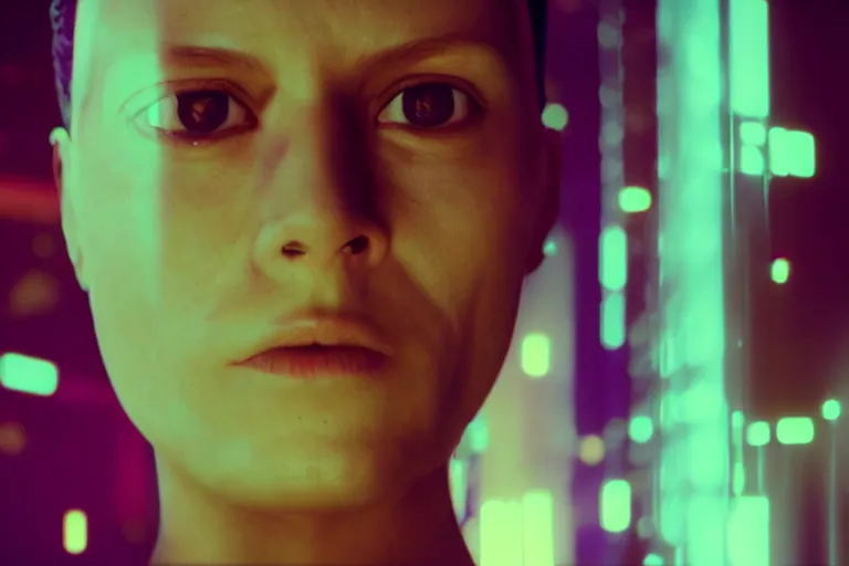 Image similar to VFX movie of a cyberpunk hacker closeup portrait in high tech compound, beautiful natural skin neon lighting by Emmanuel Lubezki