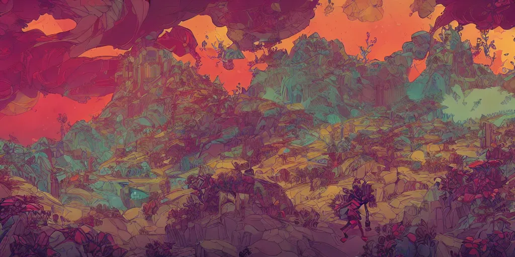 Image similar to generative digital art examples in the style of a video game illustration vivid color borderlands and by feng zhu and loish and laurie greasley, victo ngai, andreas rocha, john harris