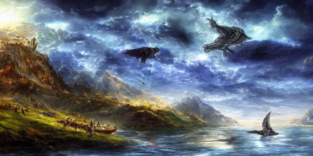 Prompt: digital fantasy medieval knight watching alien battlestar starship spaceship arriving, mountain painting high resolution devianart detailed dreamy, clouds, river, birds on sky, boat