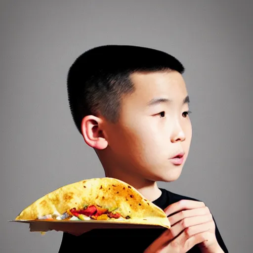 Prompt: dramatic portrait of chinese boy buzz cut, holding a taco, digital painting