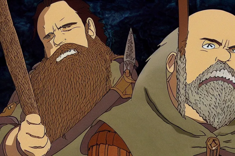 Image similar to gimli in the anime lord of the rings by studio ghibli, movie still frame, very detailed, artwork by hayao miyazaki, kentaro miura, satoshi kon, high quality, sharp image, high resolution, hd, 7 2 0 p, 4 k