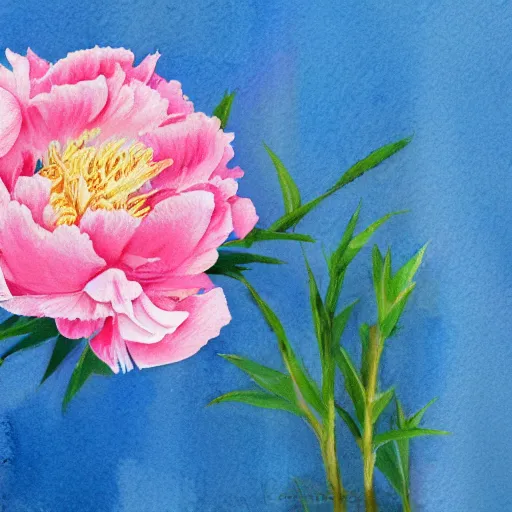 Prompt: a watercolor still life of a pink peony on a blue background