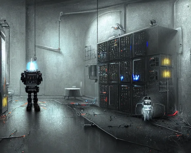 Image similar to gloomy ruined server room in datacenter robot figure automata headless robot knight colossus welder posing pacing fixing soldering mono sharp focus, emitting diodes, smoke, artillery, sparks, racks, system unit, motherboard, by pascal blanche rutkowski repin artstation hyperrealism painting concept art of detailed character design matte painting, 4 k resolution blade runner
