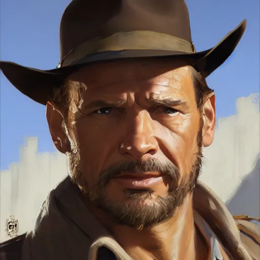 Image similar to greg manchess portrait painting of partially armored indiana jones as overwatch character, medium shot, asymmetrical, profile picture, organic painting, sunny day, matte painting, bold shapes, hard edges, street art, trending on artstation, by huang guangjian, gil elvgren, ruan jia, randy vargas, greg rutkowski