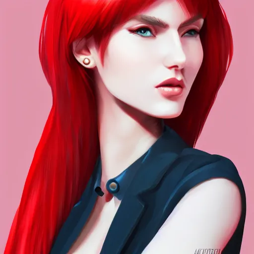 Prompt: a woman wearing a stylish outfit, red hair, highly detailed, digital painting, artstation, concept art, smooth, sharp focus, illustration