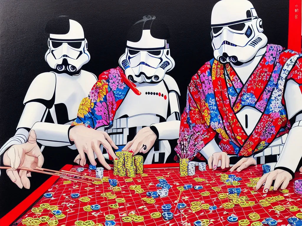 Image similar to hyperrealism composition of the detailed single woman in a japanese kimono sitting at an extremely detailed poker table with stormtrooper, fireworks, river on the background, pop - art style, jacky tsai style, andy warhol style, acrylic on canvas