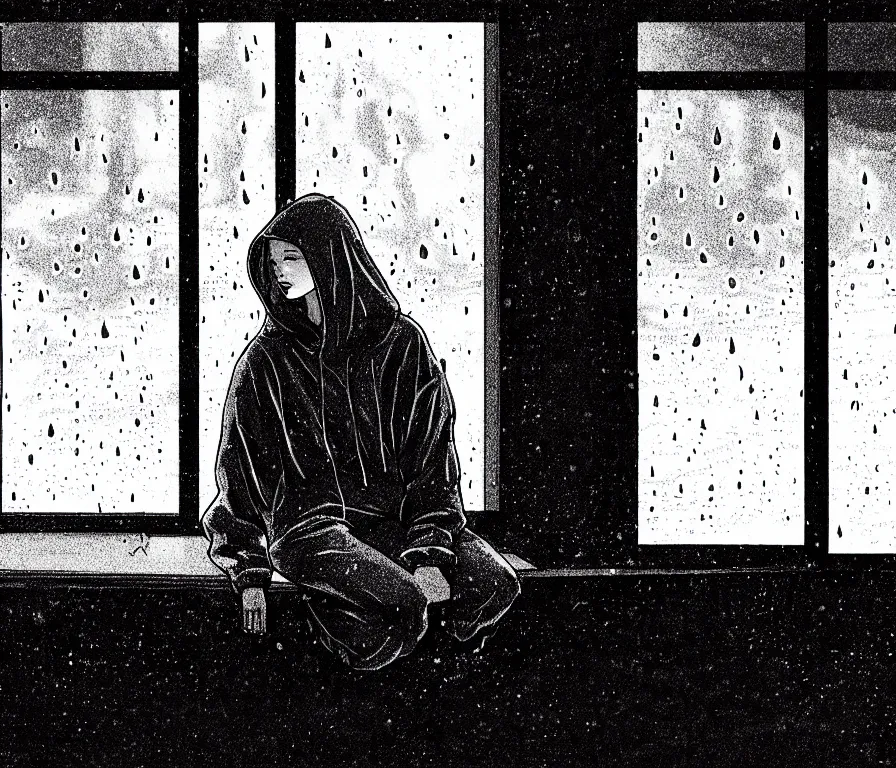 Image similar to sadie sink in hoodie sits on windowsill, knees tucked in | rain falls at night : storyboard, scifi cyberpunk. by joe alves, chris bonura, gabriel hardman. cinematic atmosphere, detailed and intricate, perfect anatomy