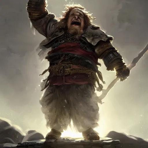 Image similar to danny devito as a dwarf fighting skeleton warriors, dramatic light, castle background, clouds, arctic, snow moon, storm, night, high detail, fantasy background, painted by stanley lau, painted by greg rutkowski, painted by stanley artgerm, digital art, trending on artstation