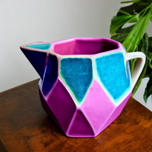 Prompt: geodesic triangle ceramic pitcher with pink and purple iridescent glaze