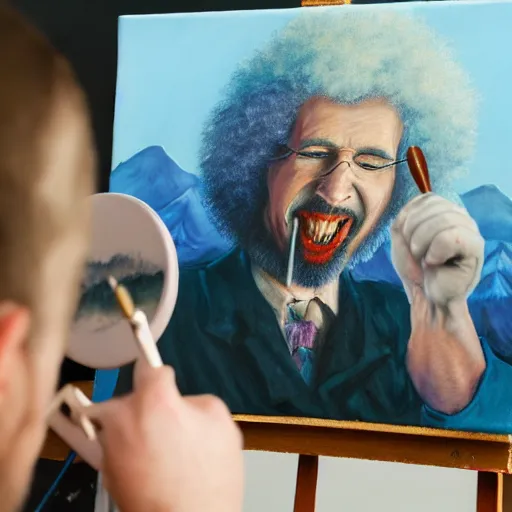 Image similar to a closeup photorealistic photograph of bob ross working on a canvas painting of marilyn manson. happy trees, mountain scape. film still. brightly lit scene. this 4 k hd image is trending on artstation, featured on behance, well - rendered, extra crisp, features intricate detail, epic composition and the style of unreal engine.