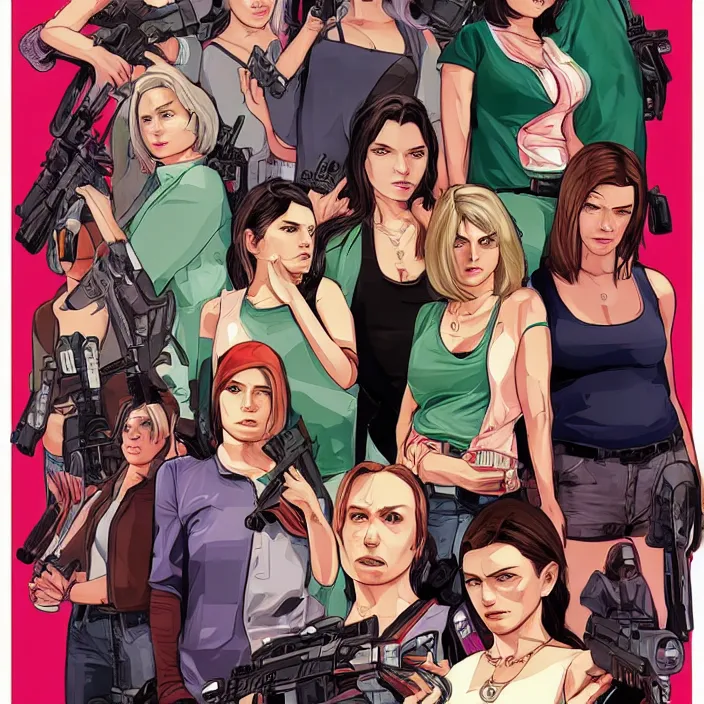 Image similar to female protagonists in gta, cover art by stephen bliss, boxart