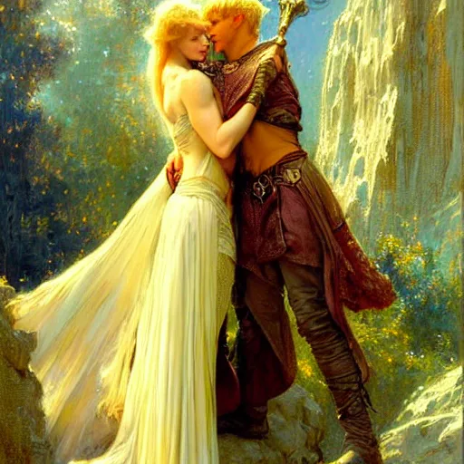 Image similar to stunning arthur pendragon in love with stunning male merlin the mage. they are close to each other, touching, looking. highly detailed painting by gaston bussiere, craig mullins, j. c. leyendecker