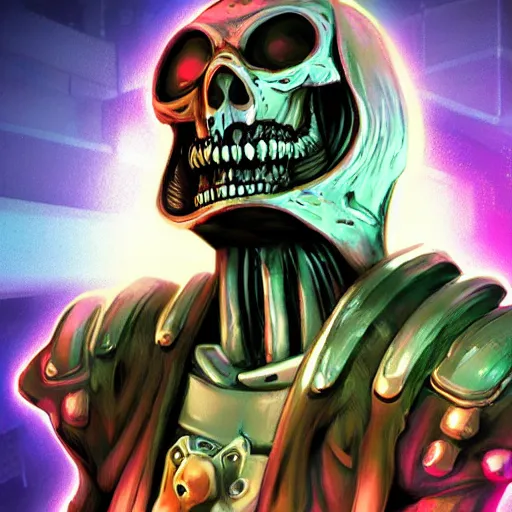 Prompt: cyberpunk skeletor laughing