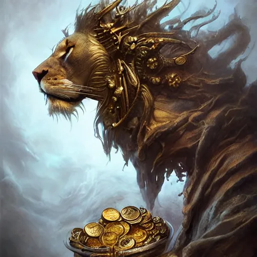 Image similar to a beautiful detailed 3d matte portrait of a alchemist lion, by ellen jewett, by tomasz alen kopera, by Justin Gerard, ominous, magical realism, texture, intricate, skull, skeleton, gold coins, money, whirling smoke, alchemist bottles, radiant colors, fantasy, volumetric lighting, high details