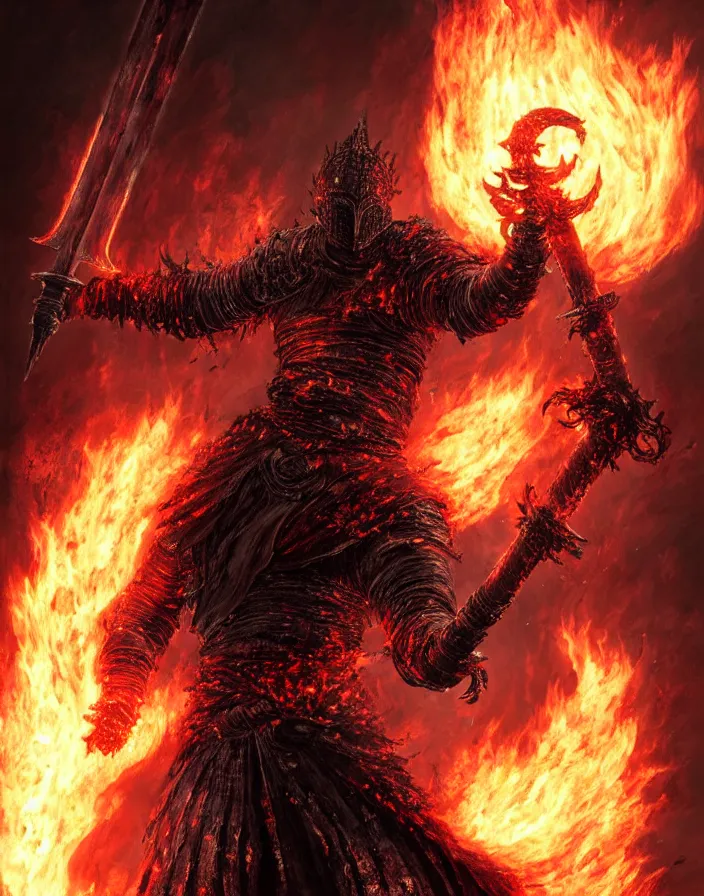 Prompt: illustration of the soul of cinder from Dark Souls 3 (a warrior in heavy iron armor that burns with eternal flame) wielding a burning sword, dark souls 3 artwork, art by greg rutkowski, art by craig mullins, art by Masanori Warugai, art by Yoshitaka Amano