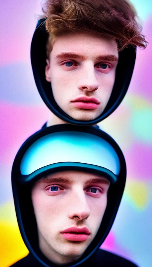 Image similar to high quality pastel coloured film mid angle portrait photograph of a beautiful young 2 0 year old male, soft features, short hair, perspex space visor and oversized inflated clothing!!!! icelandic black! rock pool environment. atmospheric three point light. photographic. art directed. ( pastel colours ). volumetric. clearcoat. waves. 8 k. filmic.