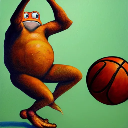 Prompt: a six foot tall anthropomorphic toad playing basketball, style of maurice sendak, painting, 4 k, artstation
