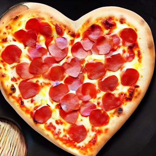 Prompt: heart shaped pizza with alot of cheese, on a wooden plate