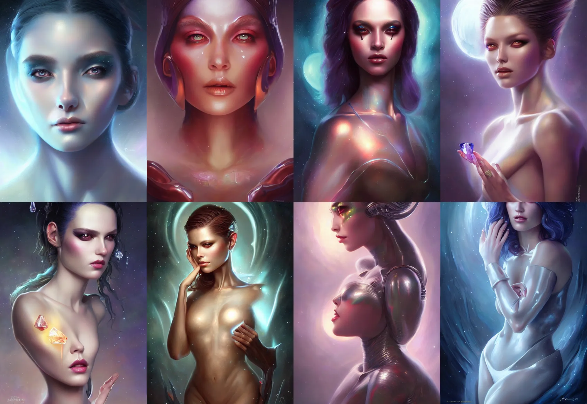 Prompt: a beautiful alien woman with crystal skin, painted by artgerm and tom bagshaw, fantasy art, dramatic lighting, highly detailed oil painting