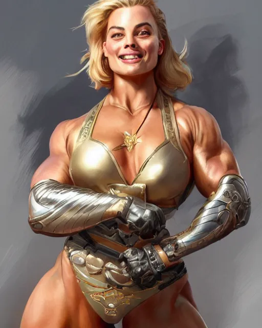 Image similar to full figure ultra realistic illustration, margot robbie as thick female bodybuilder knight zarya from overwatch smiling with closed eyes, intricate, elegant, highly detailed, digital painting, artstation, concept art, smooth, sharp focus, illustration, art by artgerm and greg rutkowski and alphonse mucha