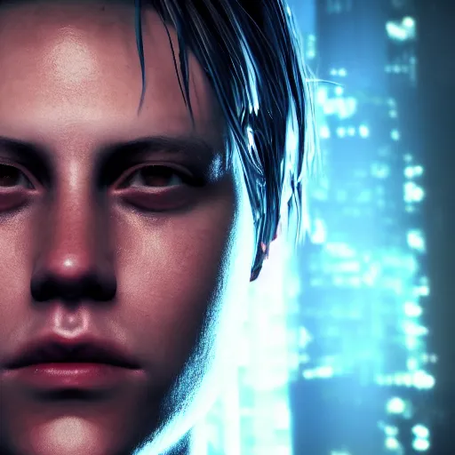 Image similar to dark portrait of cyberpunk Cole Sprouse, highly detailed, sharp focus, cyberpunk style, trending on artstation, unreal engine 5, 8k, 35mm, cinematic lighting