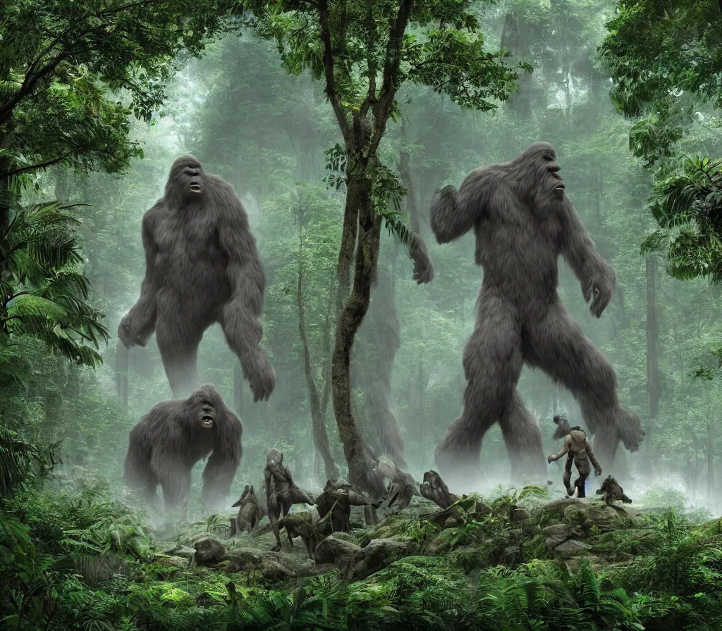 Prompt: matte painting of bigfoot in rain forest, large dinosaurs in background, style by blizzard concept artists