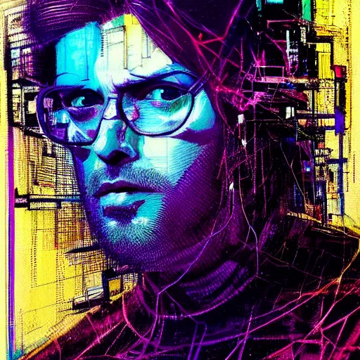 Image similar to hyperrealistic portrait of a cyberpunk character, adult man, long hair, by Guy Denning, Johannes Itten, Derek Gores, Russ Mills, glitch art, fine detail, polished, computation, complex, hacking effects, holographic, digital tech effects, blue and violet, color blocking!, realistic, acrylic on canvas, concept art, abstract!, symmetrical, 8k, concept art, octane, photorealistic, cgsociety, trending on artstation