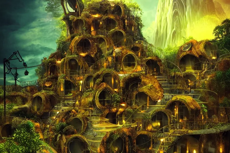 Prompt: elegance, futuristic waterfall favela graveyard honeycomb hive, art nouveau environment, magma, industrial factory, award winning art, epic dreamlike fantasy landscape, ultra realistic,