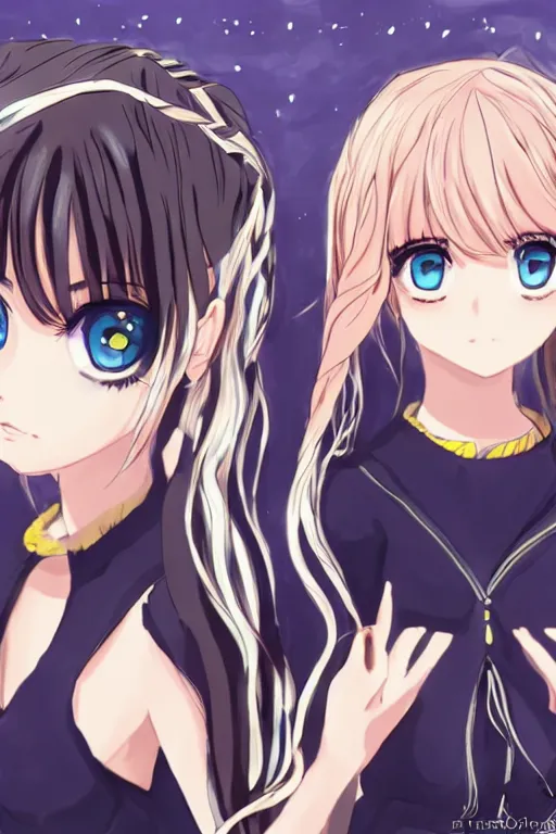 Prompt: two identical beautiful female idols standing face to face, symmetrical, detailed anime art